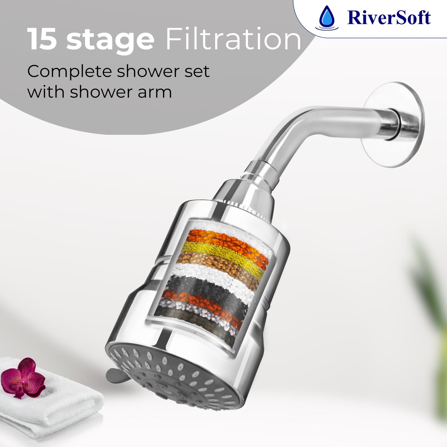DIVA-05 shower filter for hard water with 15 stages with shower arm | 5 Mode Spray Setting | Water Softener for Bathroom |Water saving mist mode (Chrome, Pack of 1)