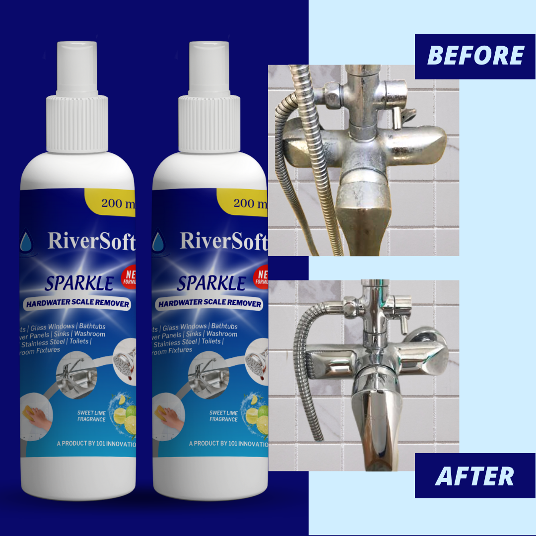 RiverSoft Sparkle Hardwater Scale Remover Liquid Spray for Faucets | Glass widows | Tiles | Showers | Bathroom Fixtures (200ML,Pack of 2)