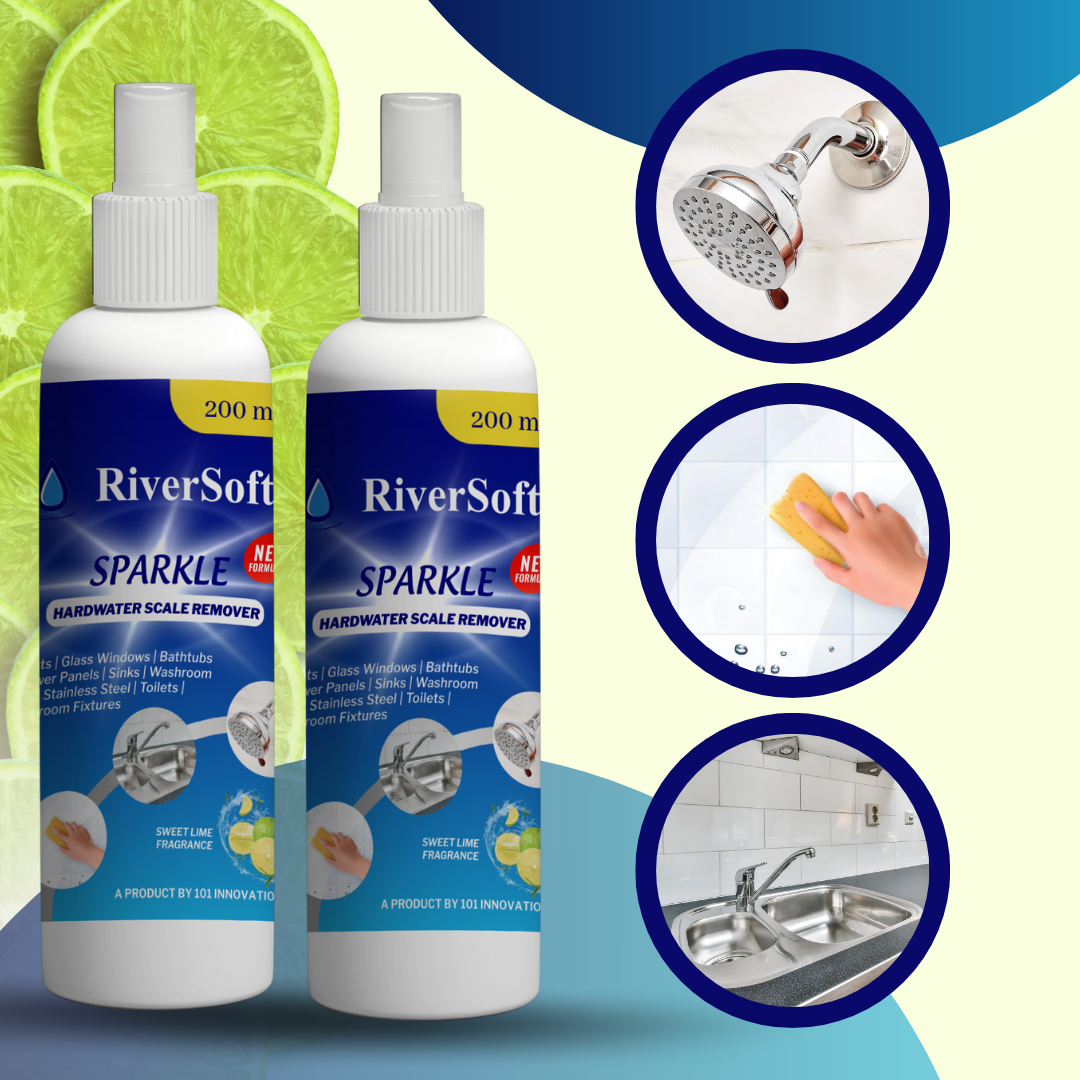 RiverSoft Sparkle Hardwater Scale Remover Liquid Spray for Faucets | Glass widows | Tiles | Showers | Bathroom Fixtures (200ML,Pack of 2)