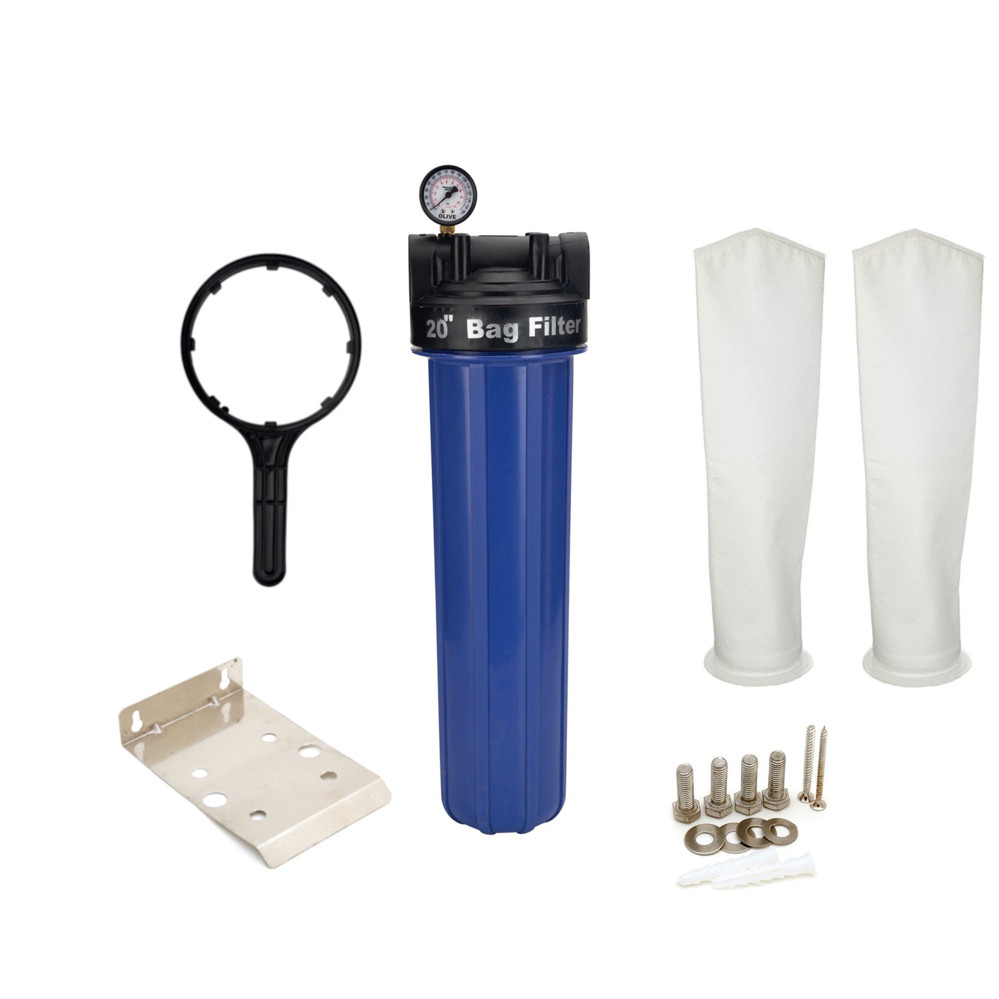 RiverSoft Sediment Filter Assembly AFB-FB-20 with spare filter bag 1 Micron for filtering sediments with pressure gauge, Install in mainline 1 inch inlet/outlet (20 inch filter bag, PP)