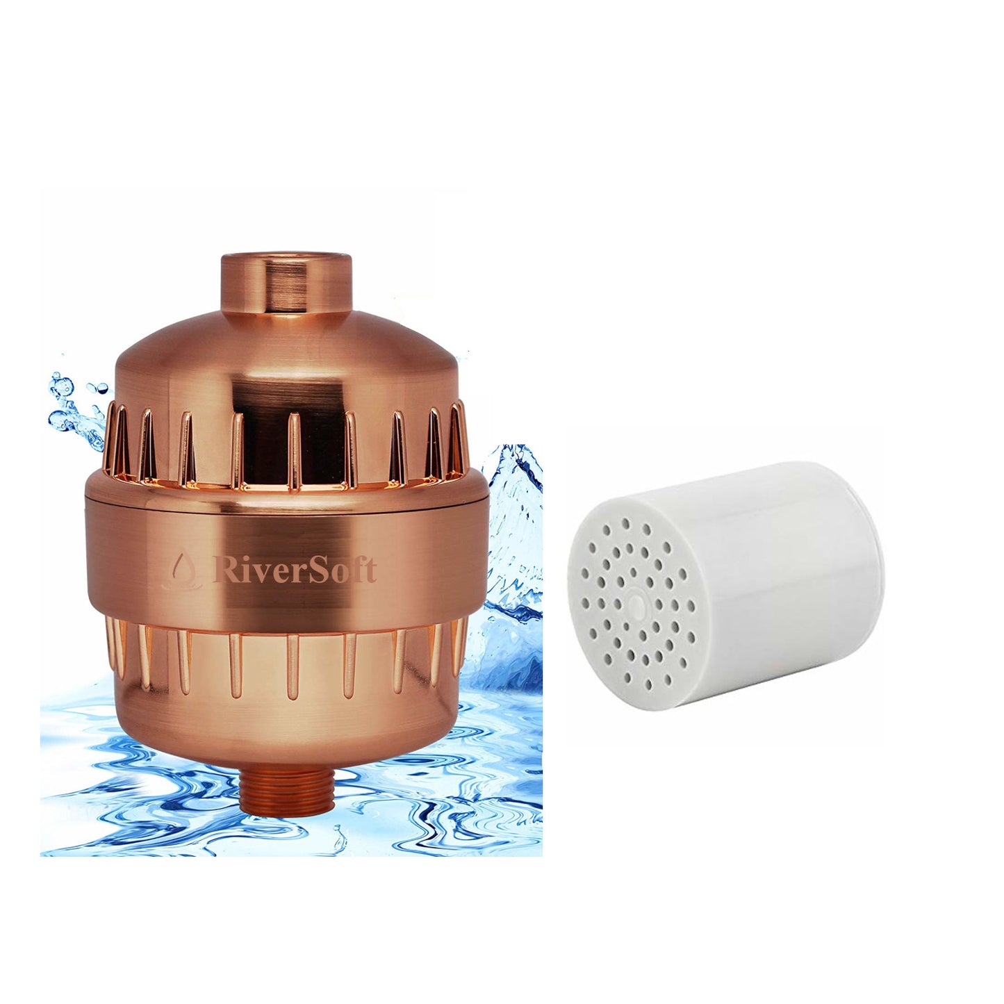 RiverSoft Combo Pack SF-Gold PRO (ABS, Gold) and SFC-15 (PP, white) shower and tap filter for hard water with 15 stage with extra cartridge