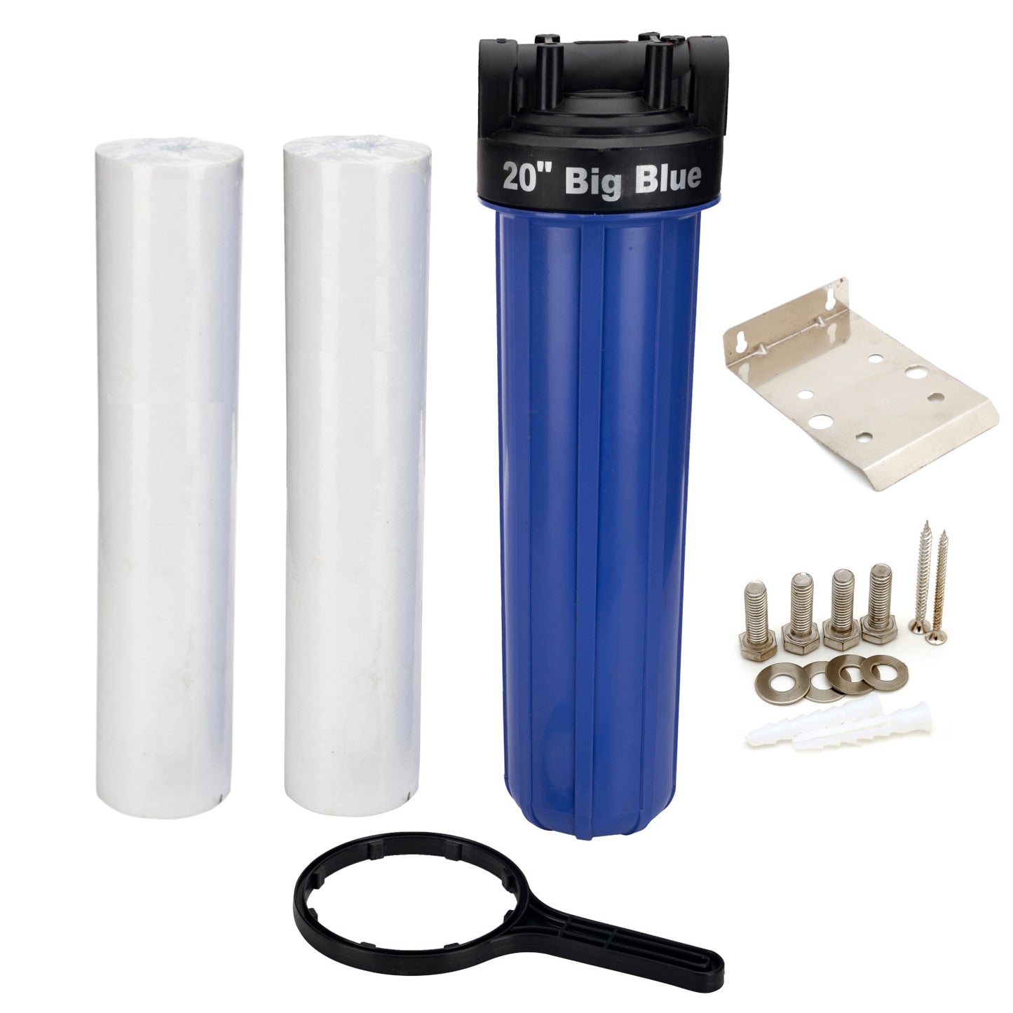 RiverSoft Sediment Filter Assembly ASP-20 with spare spun cartridge 5 micron for filtering sediments, Install in mainline 1 inch inlet/outlet (20 inch size, PP, Blue)