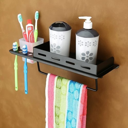 SAMANEA TH-3-B Tumbler Holder 3 in 1 Multipurpose Shelf | Rack | Towel Hanger | Bathroom Accessories (15 x 5 Inches, Black, MS, Pack of 1)