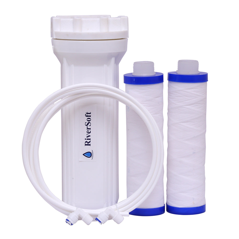 RiverSoft PreRO-6 RO prefilter assembly with additional MLT cartridge | Compatible with KENT RO Water Purifier (1/4 inch / 6mm connection, White, PP)