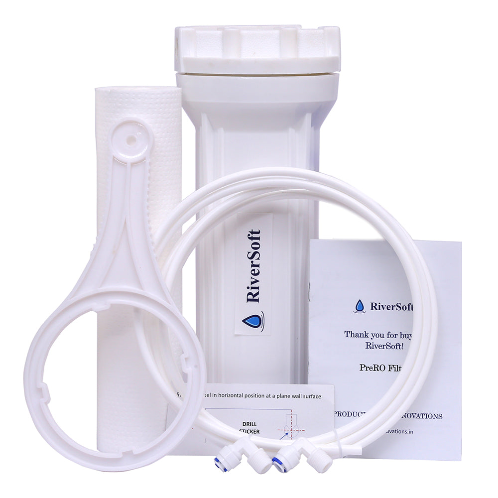 RiverSoft PreRO-6 RO prefilter housing assembly with inbuilt mounting clamp | Compatible with KENT RO Water Purifier (1/4 inch / 6 mm connection, White, PP)