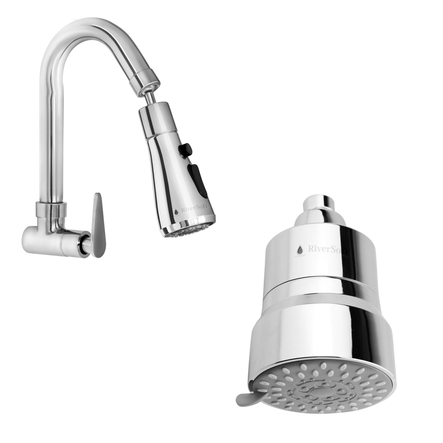 RiverSoft combo pack DIVA-05 Shower Filter and Kitchen Tap Aerator| 5 Mode Spray Setting | Water Softener for Bathroom | Water Saving Mist Mode (Chrome, Pack of 1)