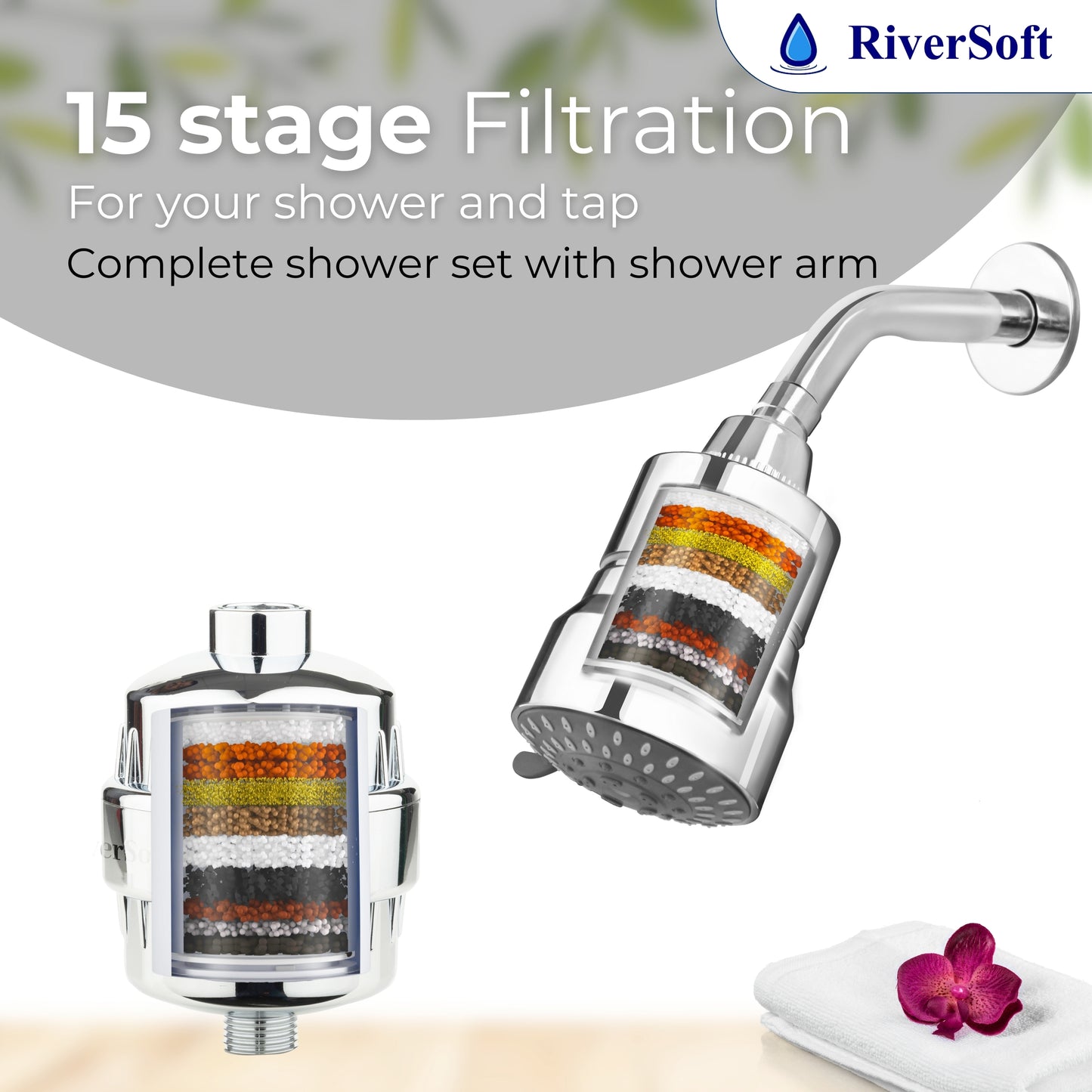 RiverSoft DIVA-05 shower filter for hard water, tap filter & shower arm Combo | 5 Mode Spray Setting | Water Softener for Bathroom | Water saving mist mode (Chrome, Pack of 1)