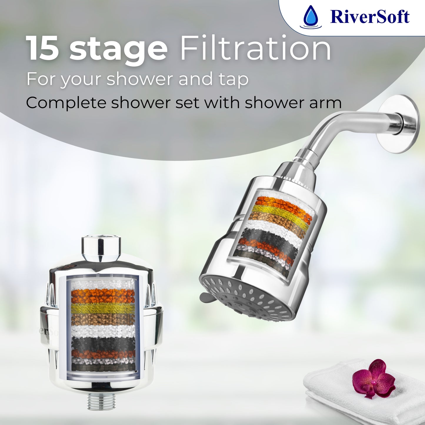 RiverSoft DIVA-03 shower filter for hard water, tap filter & shower arm Combo | 3 Mode Spray Setting | Water Softener for Bathroom | Water Saving mode (Chrome, Pack of 1)