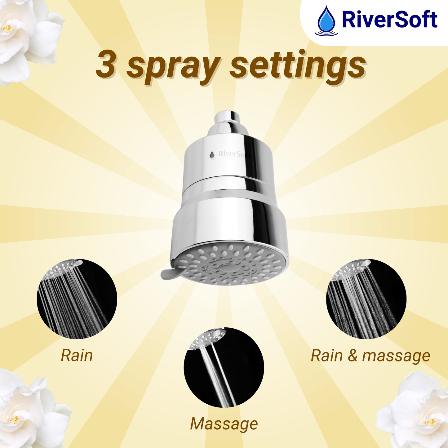 RiverSoft combo pack DIVA-03 Diva-03 Shower Filter with Gardenia Fragrance Filter| 3 Mode Spray Setting | Water Softener for Bathroom | Hard Water Filter (Chrome, Pack of 1)