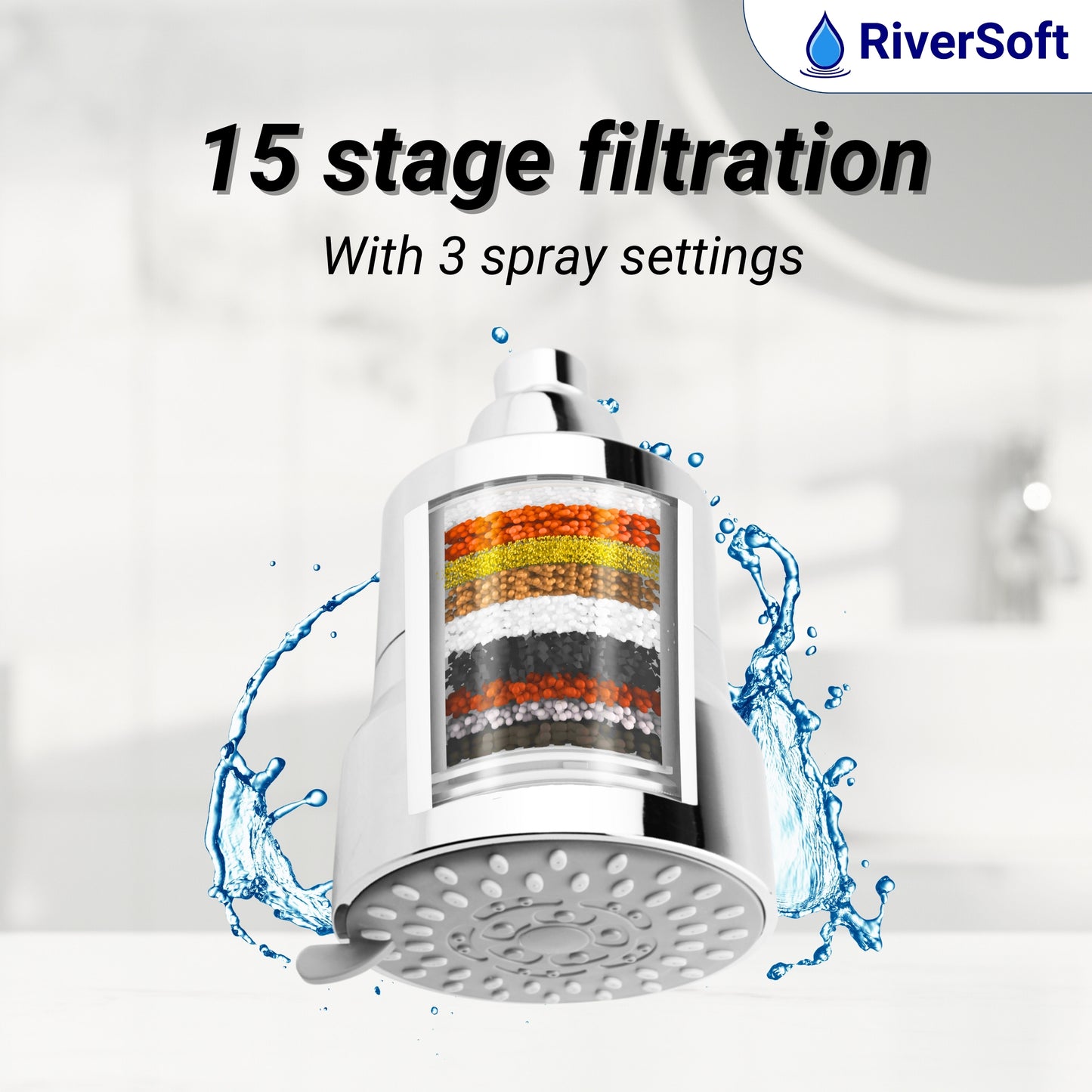 RiverSoft DIVA-03 Showerhead Filter with Sediment Pads| 3 Mode Spray Setting | Water Softener for Bathroom | High Sediment Water and Iron Filter (Chrome, Pack of 1)