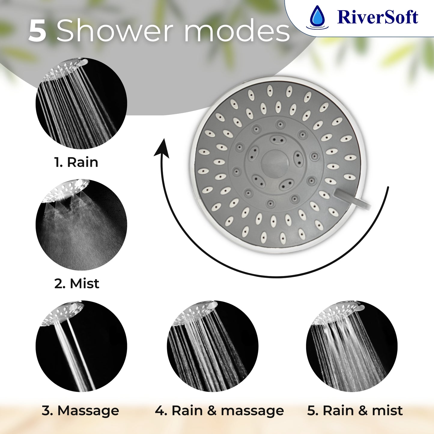 RiverSoft DIVA-05 shower filter for hard water, tap filter & shower arm Combo | 5 Mode Spray Setting | Water Softener for Bathroom | Water saving mist mode (Chrome, Pack of 1)