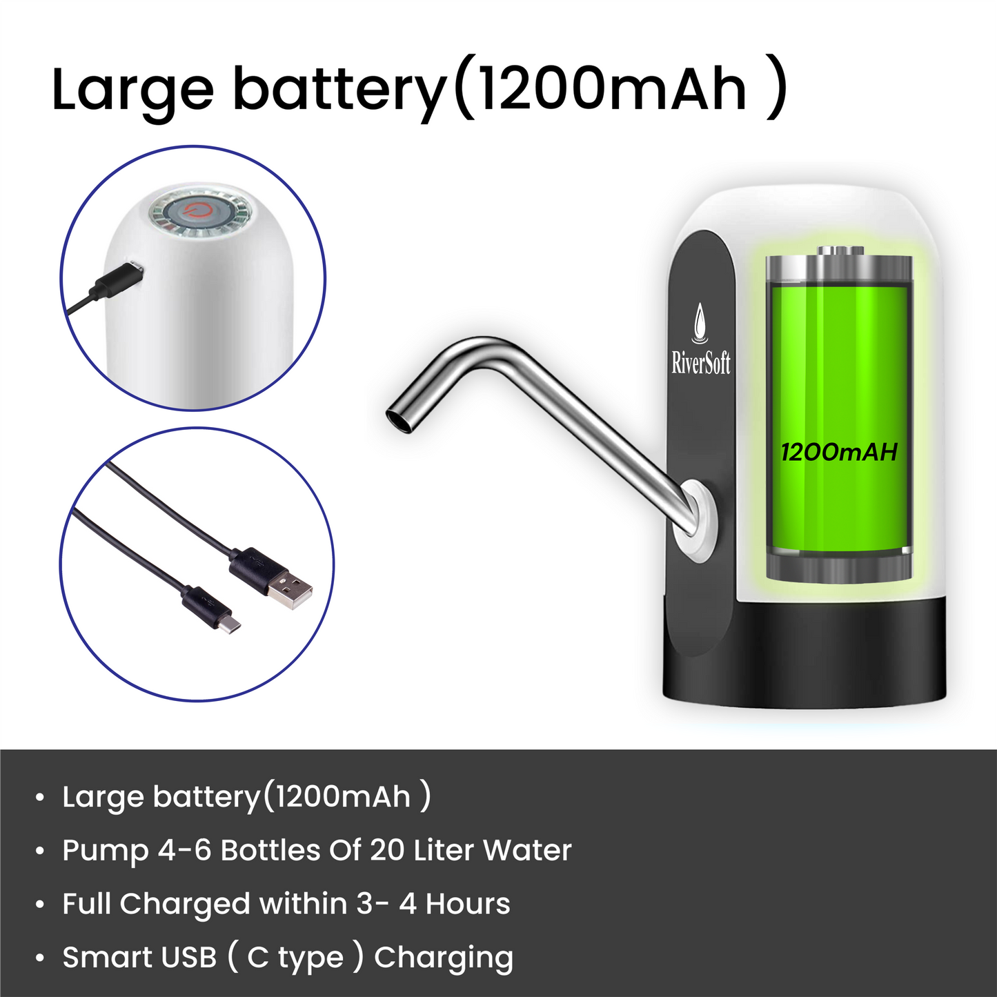 AWD-BW Automatic Water Dispenser Pump for 20 Litre Water Bottle Can with Portable C type Charging cable | white