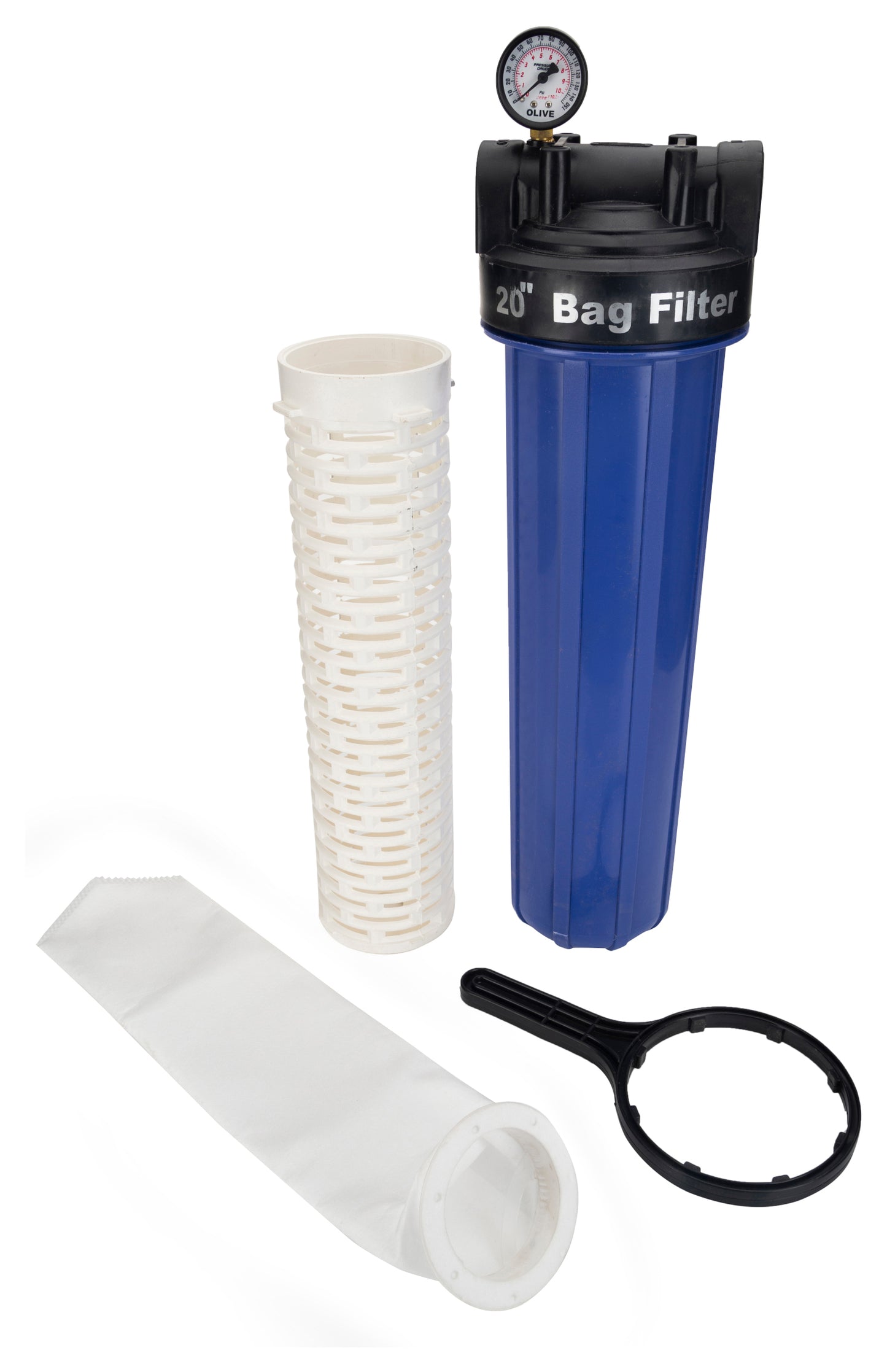 RiverSoft Sediment Filter Assembly AFB-20, Filter Bag 5 Micron for filtering sediments with pressure gauge, Install in mainline 1 inch inlet/outlet (20 inch filter bag, PP).