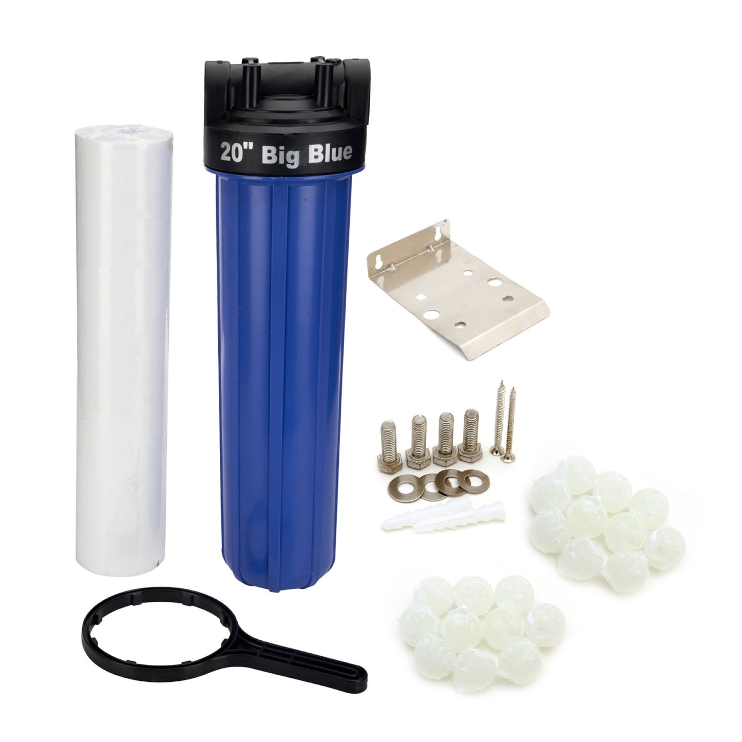ASP-20 Mainline sediment filter | 20 inch big blue housing with spun cartridge | with water softening siliphos balls | 5 micron| 1 inch inlet outlet