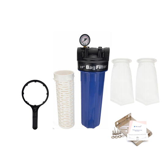 AFB-10 Mainline sediment filter | 10 inch housing with filter bag | 5 micron | 1 inch inlet outletsediments, Install in mainline 1.5 inch inlet/outlet (10 inch size, PP, Blue)