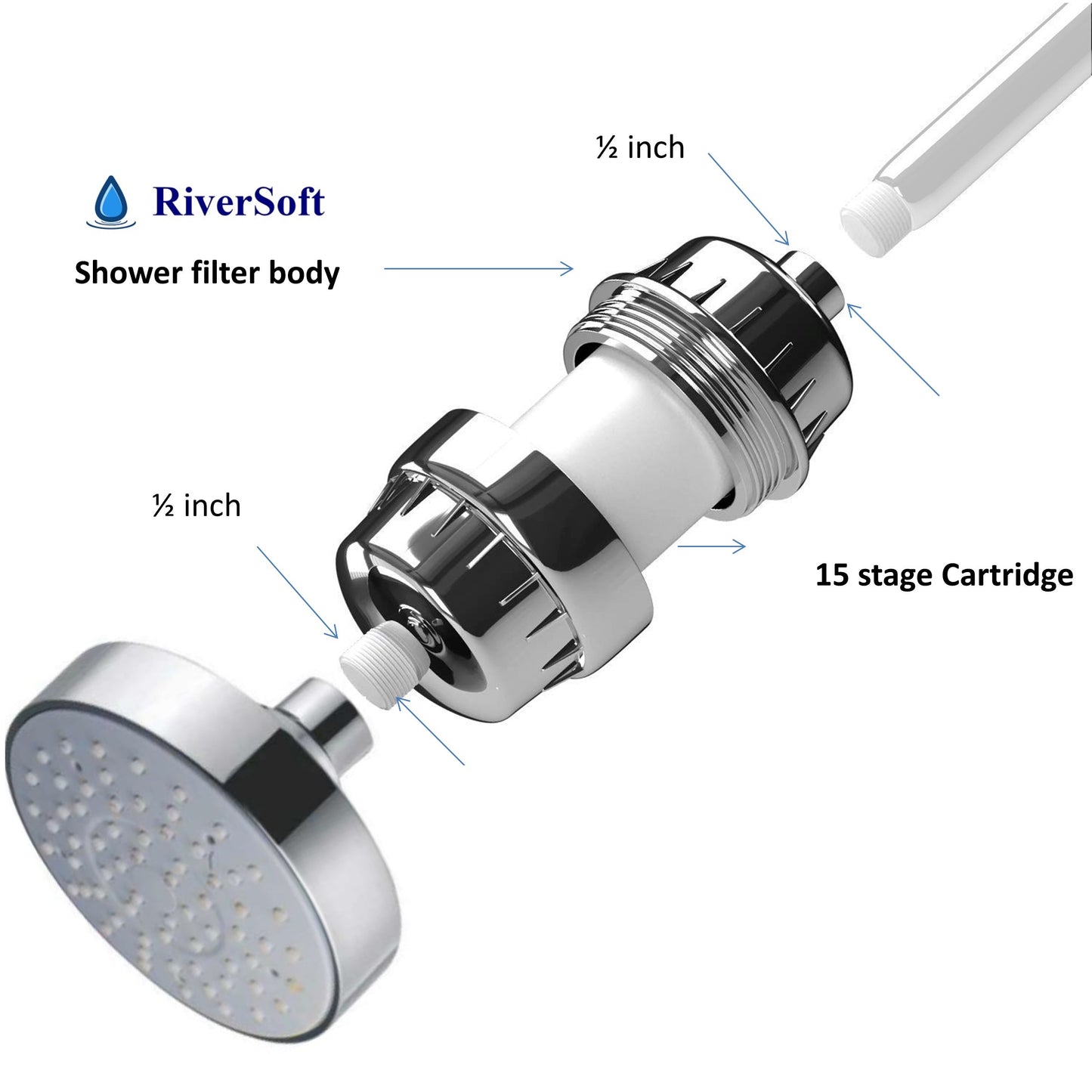 Shower head with shower filter for hard water with 15 stages
