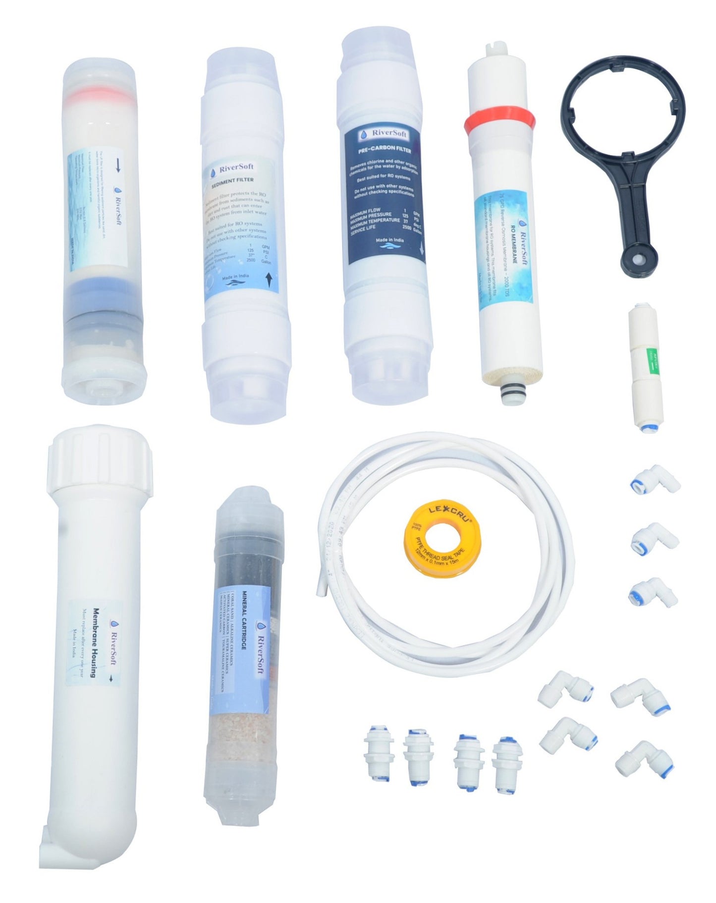 RO-Pure RO Water Purifier spare parts | Complete set | 75 GPD Membrane | Mineral Cartridge | UF Filter | Sediment Filter | Pre-Carbon Filter | FR-450 RO Flow Restrictor